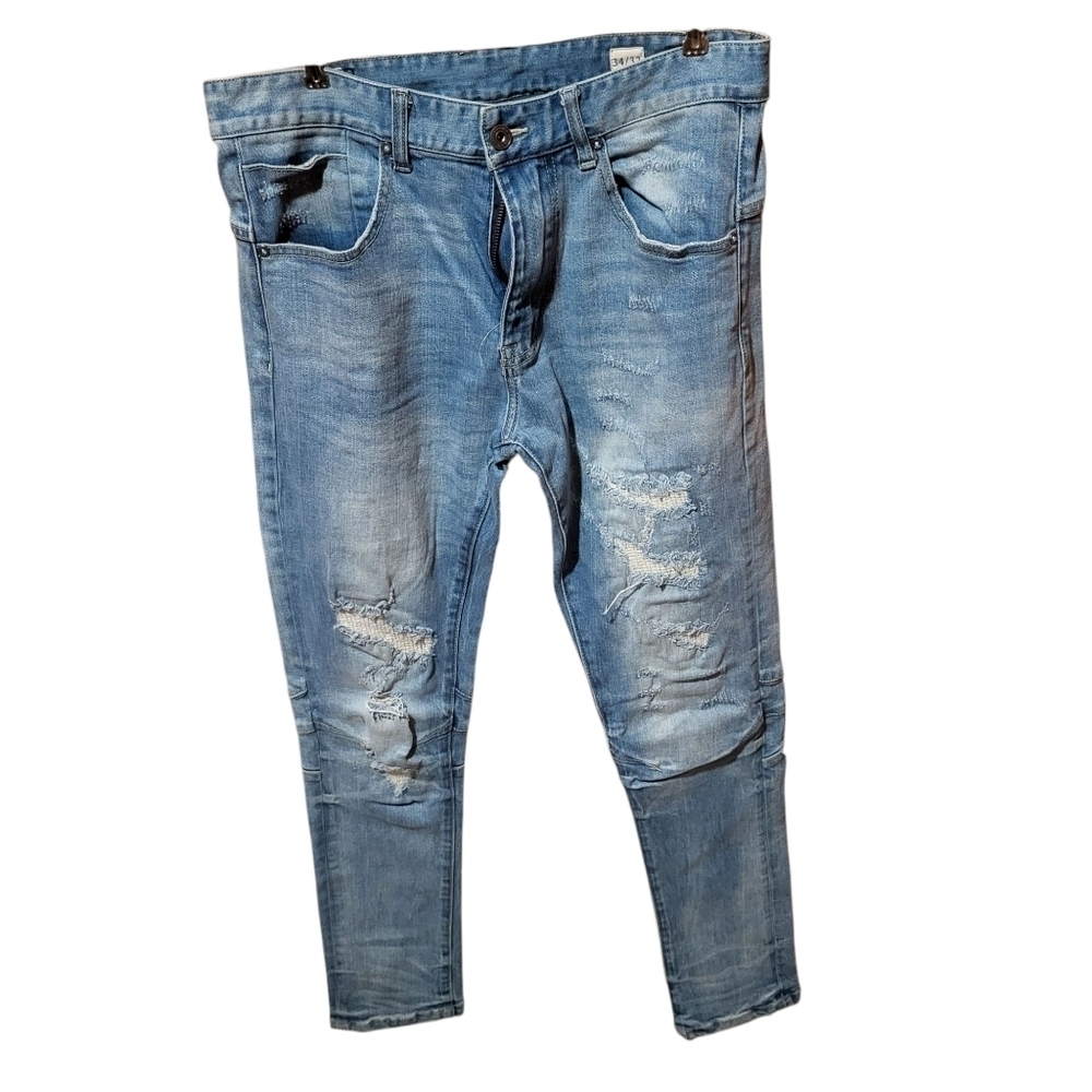 Smoke Rise Men's Distrwssed Blue Denim Jeans 34x32